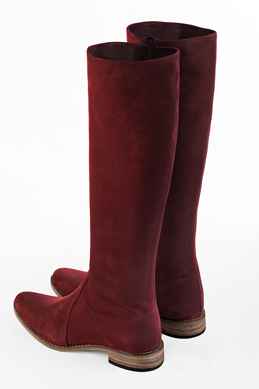 Burgundy red women's feminine knee-high boots. Round toe. Flat leather soles. Made to measure. Rear view - Florence KOOIJMAN